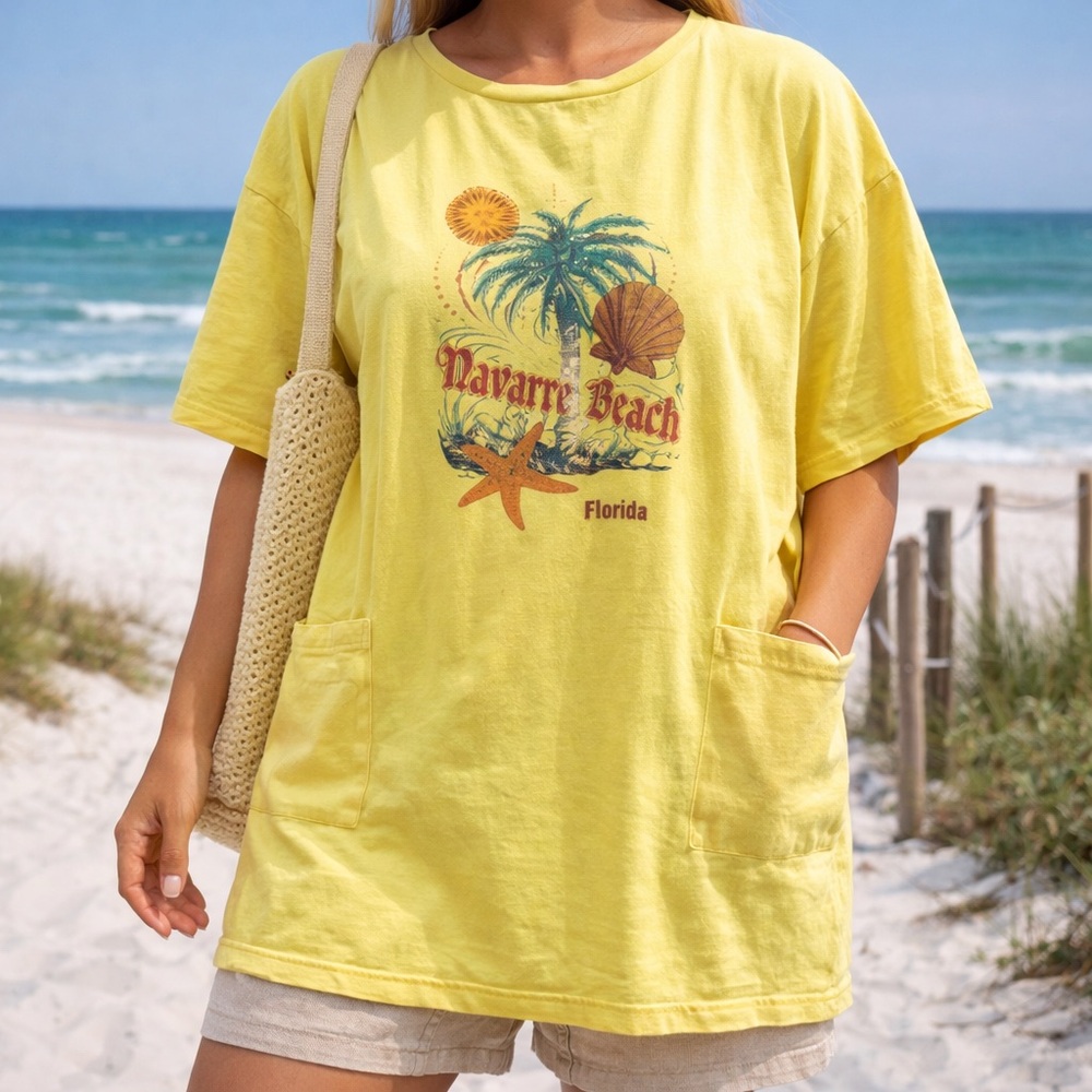 Vintage Navarre Beach Florida Coverall Shirt Womens Pockets Graphic‎ Yellow OSFA